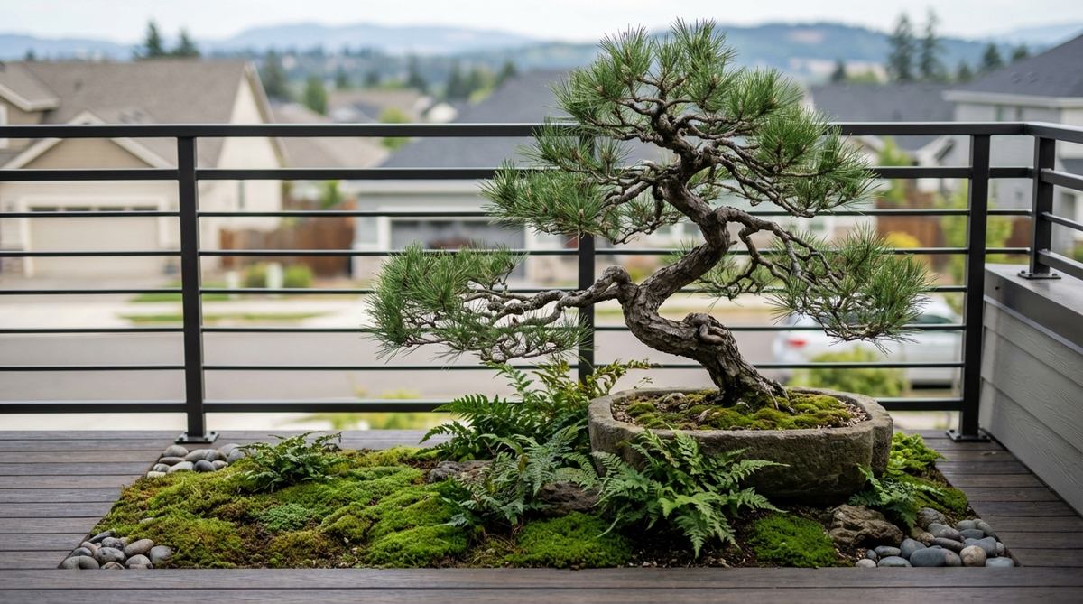 A minimalist Japanese balcony garden featuring a mature Japanese black pine (Pinus thunbergii) as the sole tree element, pruned to reveal windswept branch architecture reminiscent of coastal Japanese landscapes. The pine is underplanted with low ferns and moss, creating a restrained composition that highlights the tree's sculptural qualities.