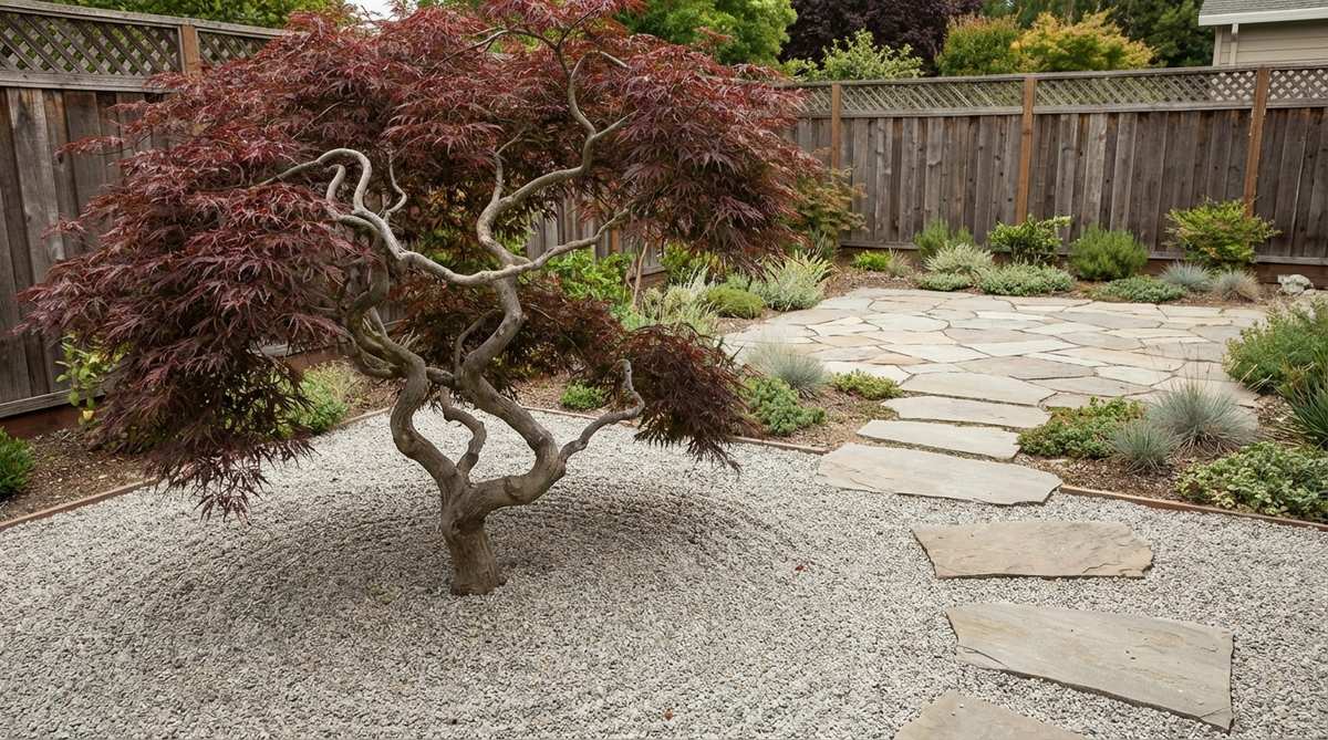 A minimalist garden featuring a Japanese maple tree as a focal point, positioned off-center with gravel at the base to create tension and emphasize its elegant branching patterns.