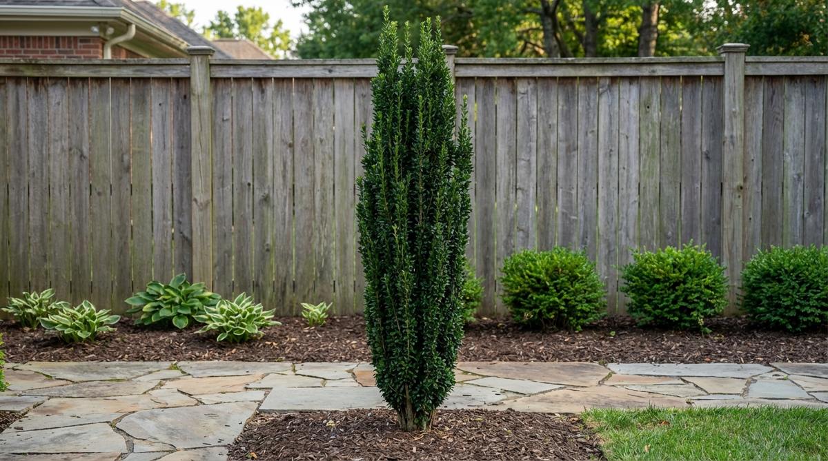 A narrow columnar Sky Pencil Holly tree growing 8-10 feet tall with dark green foliage, perfect for tight vertical spaces in small gardens. The slender form requires minimal pruning and can be planted singly or in groups as a living screen.