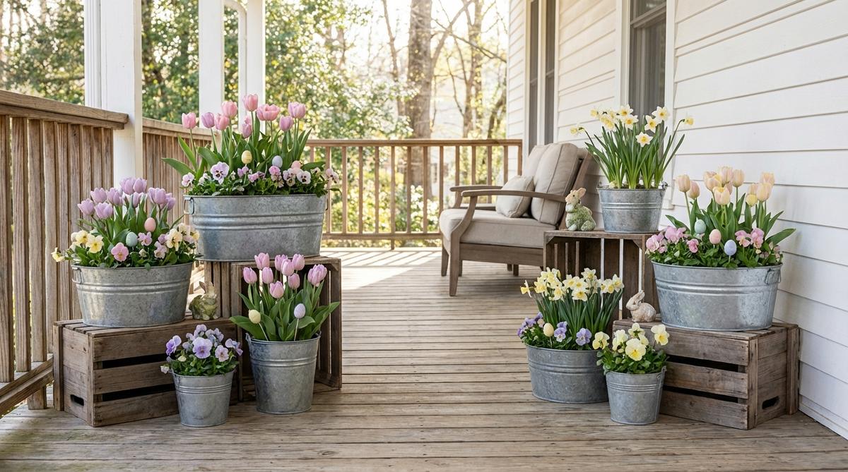 A decorative arrangement of galvanized metal buckets and washtubs in varying sizes, filled with pastel-toned spring flowers and subtle Easter accents like egg picks and bunny figures, displayed on a porch with weathered wood crates for height variation.