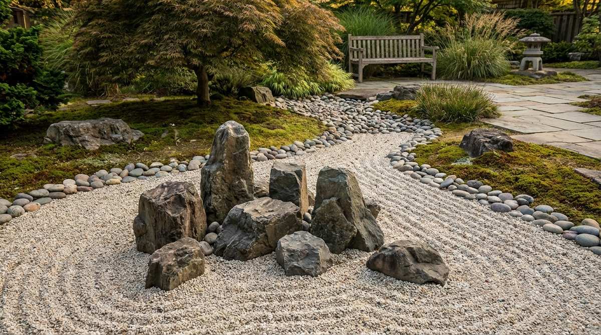 A detailed view of a Japanese Zen garden design featuring a cluster of stones representing a mountain spring, with raked lines radiating outward to depict water emergence. The arrangement shows the stream narrowing as it flows away from the source, using gradually decreasing stone sizes to mimic natural water behavior, creating a clear origin story and narrative direction for viewers.