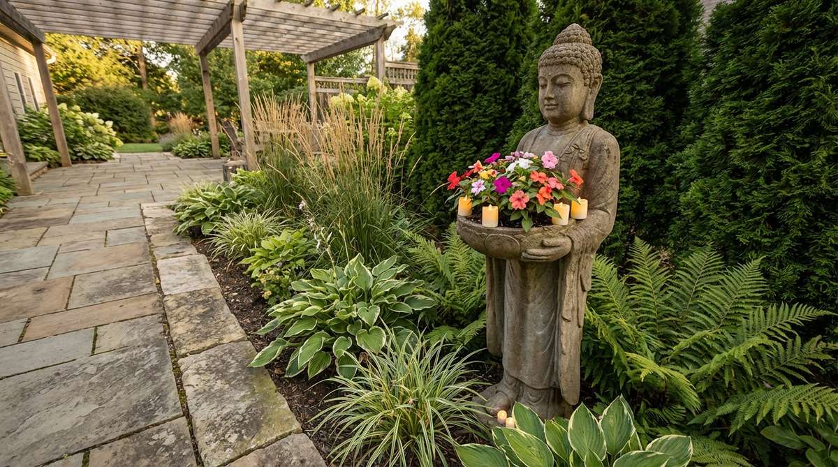 A serene stone garden statue of a standing Buddha holding an offering bowl, perfect for creating interactive garden spaces. This vertical sculpture works well in narrow areas and can be decorated with flowers, candles, or seasonal foliage to enhance your outdoor sanctuary.