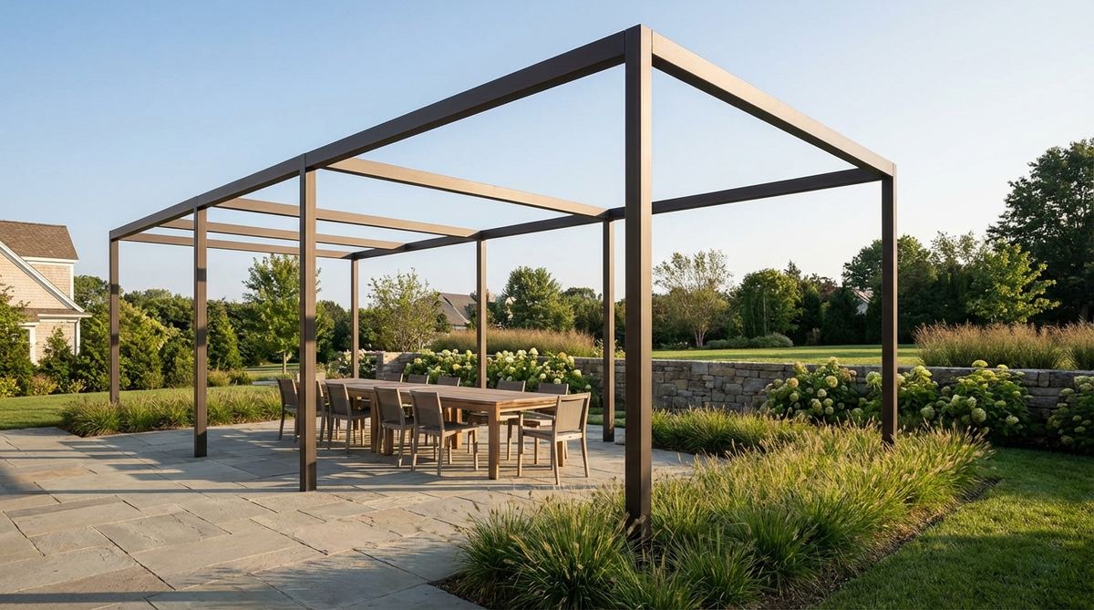 A minimalist steel pergola framework with powder-coated aluminum or weathering steel beams forming precise right angles. The slender profiles provide partial shade while maintaining an open, airy feel, suitable for modern homes with black or dark bronze finishes. Engineered to span up to 14 feet without intermediate posts for clean sightlines across patios and dining areas.
