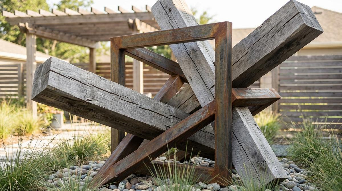A modern garden sculpture featuring reclaimed wood beams intersecting with a steel framework, showcasing natural aging with wood graying and steel developing a patina over time. This mixed-media piece adds warmth to contemporary garden designs, complementing elements like pergolas or fencing.