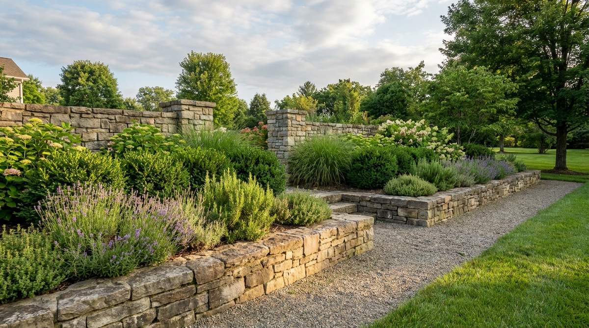 An illustration of a garden border with varying wall heights, transitioning from two to four courses to create rhythm and accommodate different plant types, such as herbs in shallow sections and shrubs in deeper zones, enhancing visual interest and mimicking natural terrain.