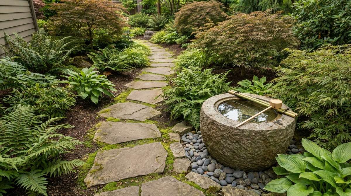 A traditional Japanese garden tobi-ishi stepping stone path leading to a tsukubai water basin. Carefully spaced natural stones create a mindful approach that slows movement and encourages present-moment awareness in the garden.