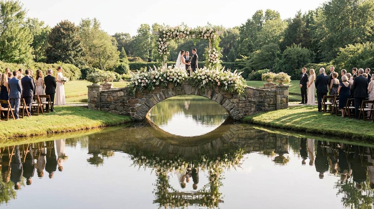 A stone arch bridge spanning a stream or pond in a garden estate wedding venue, with a couple standing on the bridge during their ceremony. Guests are gathered on both banks, creating a 270-degree viewing experience. Floral installations adorn the bridge railings, with their reflections visible in the water below, doubling the visual impact. The bridge's natural elevation highlights the couple without needing a raised platform.