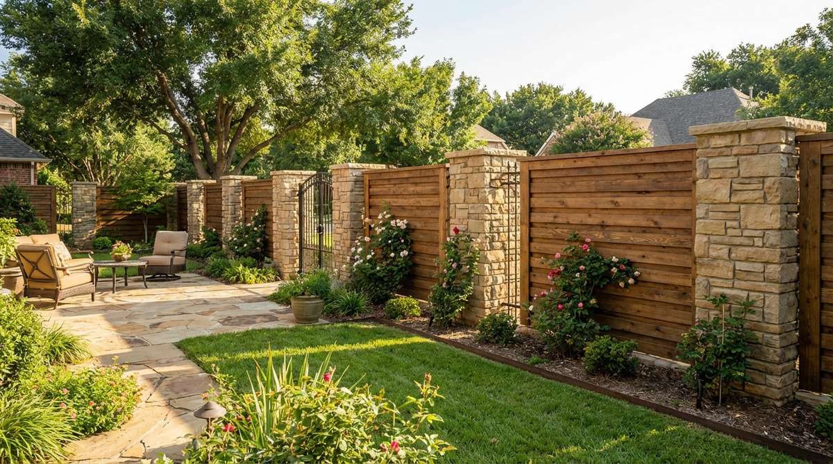 A garden fence design featuring masonry or stone-clad columns with wood panel sections, creating a traditional and elegant boundary suitable for craftsman and Mediterranean architectural styles.