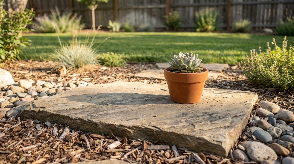 A flat landscape stone displays a small potted succulent, serving as a dual-purpose wedding favor and decor element. The drought-tolerant succulent, positioned to withstand full sun, adds textural interest while the stone base prevents tipping, aligning with a natural outdoor aesthetic to reduce waste.