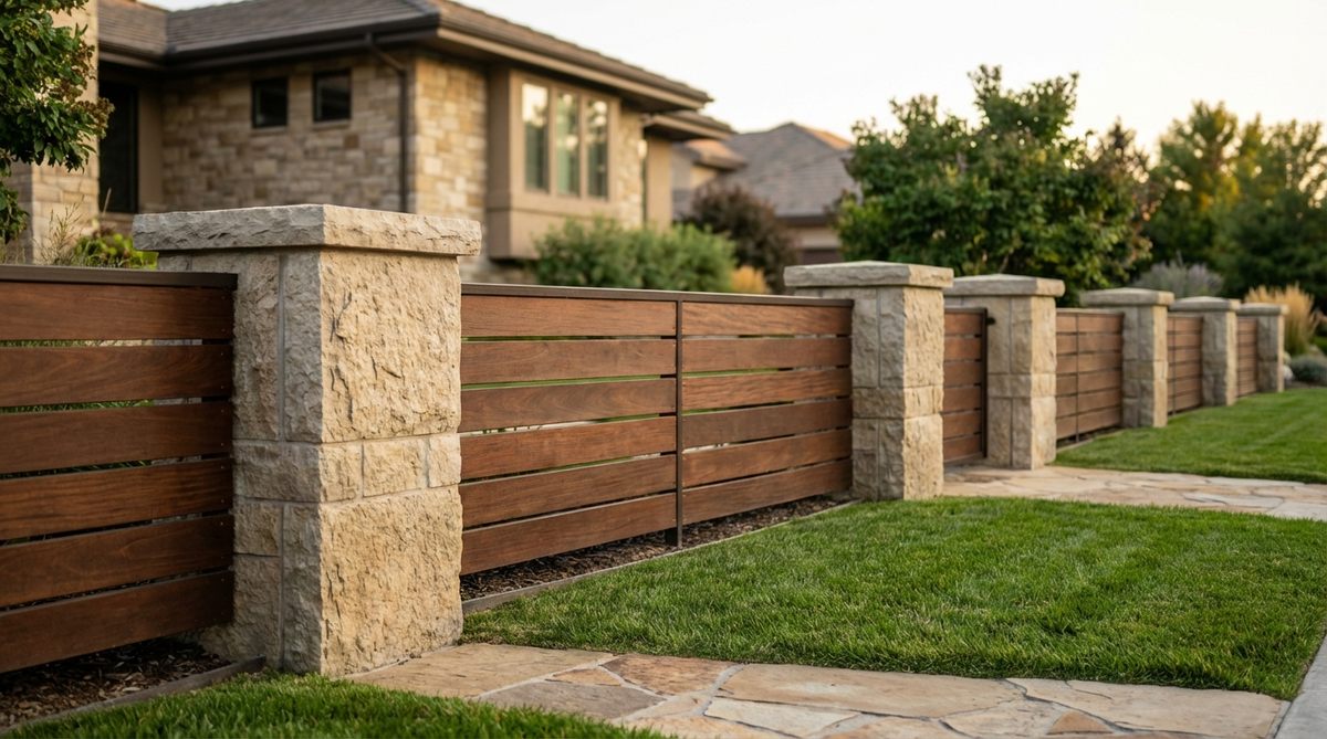 A modern garden fence featuring stone or stucco pillars supporting horizontal wood panels, combining structural permanence with natural warmth. This traditional-meets-modern design is ideal for properties with architectural stone details and large estates.