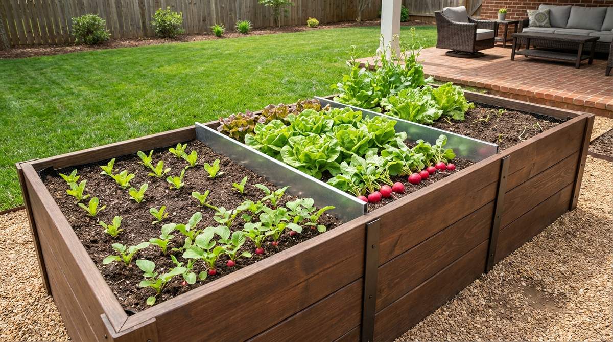 A modern garden bed divided into three sections with removable dividers, illustrating succession planting for continuous harvests. The image shows staggered crops like lettuce and radishes at different growth stages, with a systematic layout that ensures consistent production from spring through fall.