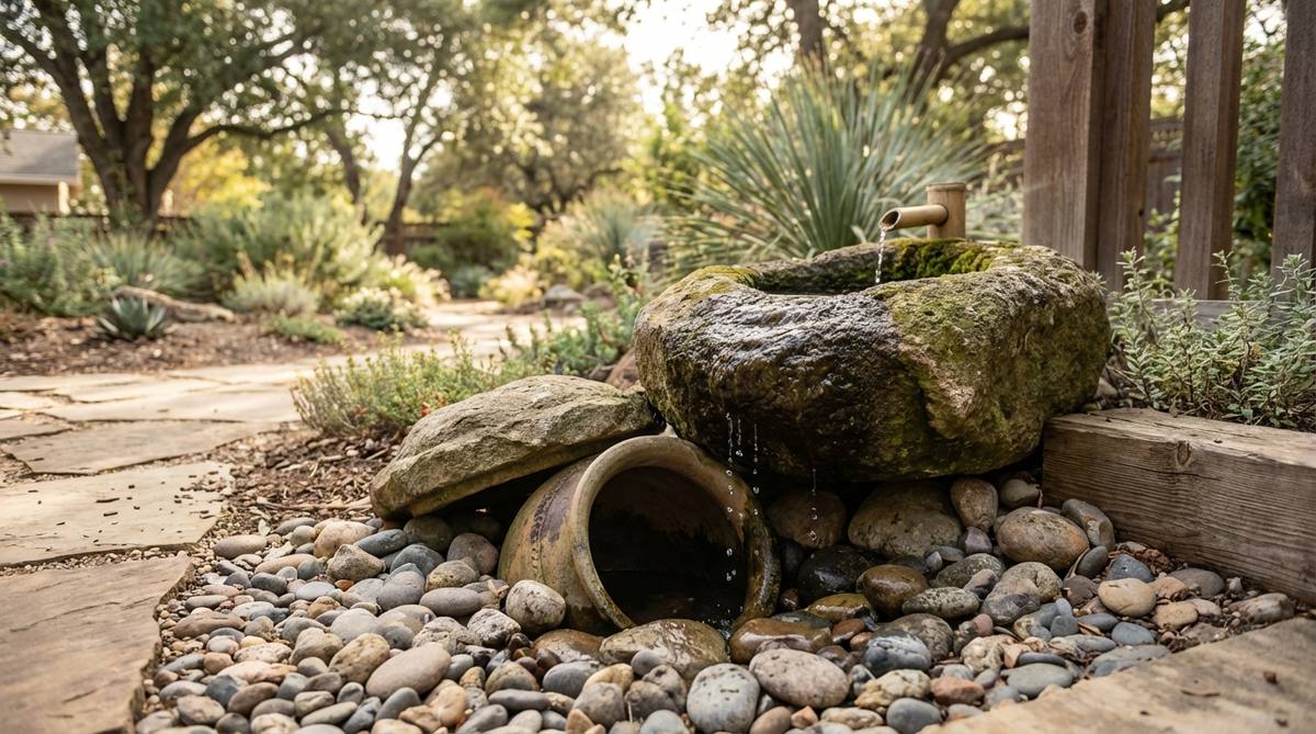 A close-up view of a suikinkutsu water harp installation in a stone garden fountain. The image shows water dripping from a stone basin into a buried ceramic pot, creating musical tones. The underground resonating chamber amplifies each drip into bell-like sounds that resemble Japanese koto instruments. This hidden acoustic element adds mysterious musical interest to the garden without visible components.