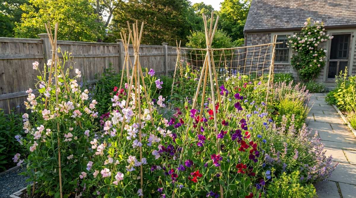 A close-up image of sweet pea vines climbing 6-8 feet on bamboo teepees or netting structures, showcasing fragrant pastel and bold-toned flowers in a small garden cottage setting, illustrating their use as temporary annual height for refreshing garden compositions from May through July.