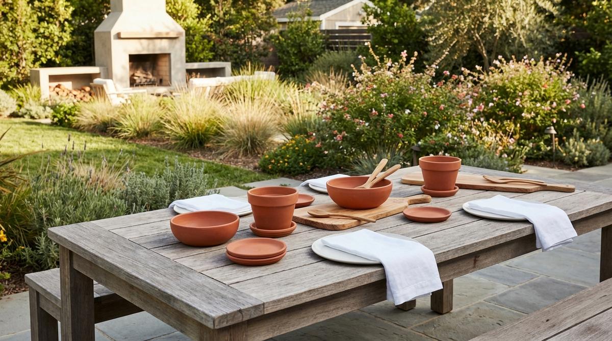 A modern garden table featuring warm terracotta pots, serving bowls, and accent plates paired with crisp white linens and dinnerware, creating a Mediterranean-inspired contrast. Natural wood serving pieces add a rustic yet refined touch to the warm-cool color combination.