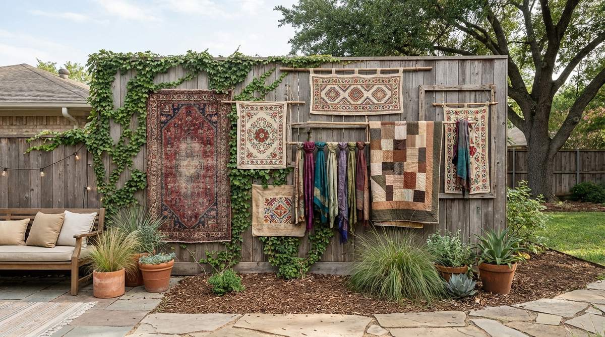 A boho-style wall arrangement featuring vintage rugs, tapestries, quilts, and scarves mounted on wooden rods or frames, adding color, pattern, and softness to vertical surfaces with global influences.