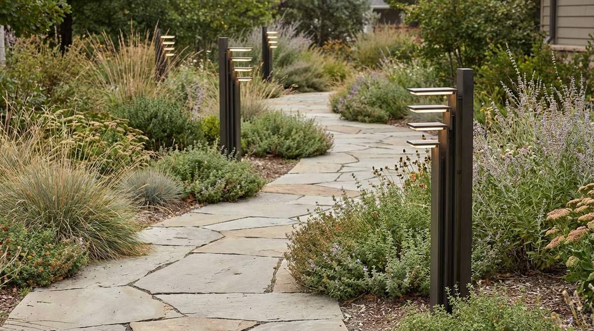 A photo of multi-level pathway lights with stacked LED elements, illuminating a garden walkway and surrounding plants, showcasing their sculptural vertical design during daylight.