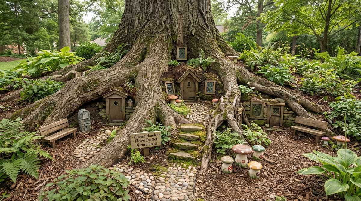 A miniature gnome hamlet built around the exposed roots of a mature tree, featuring tiny doorways, mailboxes, benches, and mushroom stools that create the illusion of an underground village. This creative garden design brings life to dry-shade areas while protecting tree roots by marking the space as decorative and off-limits.