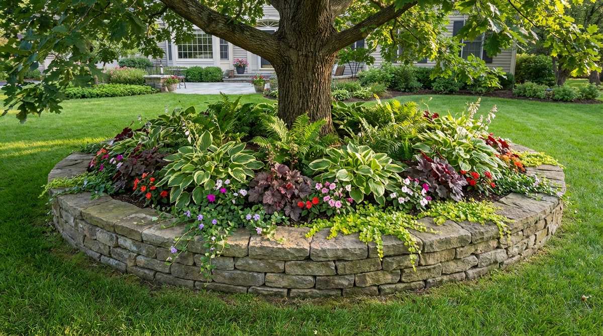 A low stone ring surrounds the base of a mature tree, filled with shade-friendly flowers and groundcovers. The vertical step between lawn and bed creates a neat, structured look. Plant hostas, heucheras, impatiens, or ferns, and add a few trailing plants to spill gently over the stone edge. This layered small garden flower bed idea protects roots from foot traffic while giving the tree a finished base.