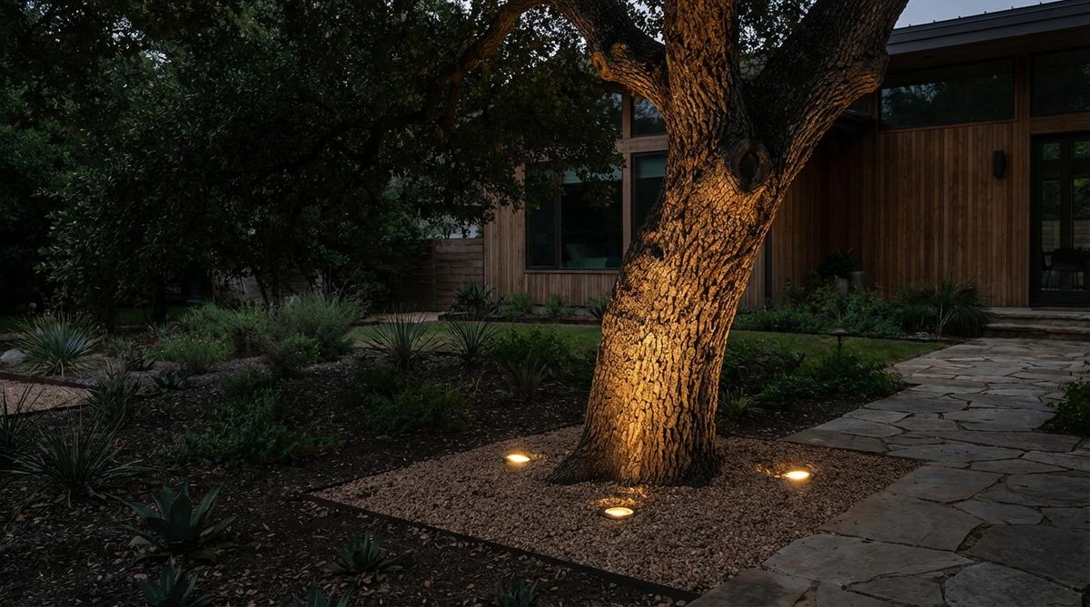 A minimalist outdoor lighting setup focusing solely on the trunk of a tree, using warm white or amber LEDs to highlight bark texture and organic structure. This understated approach suits modern landscape designs, reducing installation time while creating elegant contrast with a naturally dark canopy.