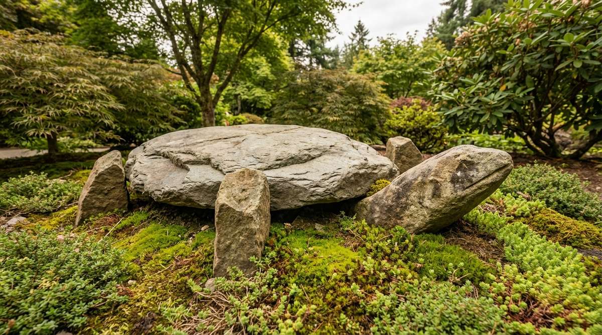 A Japanese garden stone arrangement depicting a turtle symbol, with a flat horizontal stone as the shell, four smaller upright stones as legs, and a pointed stone as the head. The stones are partially buried to suggest movement through the ground, surrounded by moss and low ground cover for an organic appearance, representing longevity in Japanese symbolism.