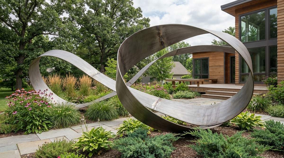 A contemporary garden sculpture featuring a single continuous steel ribbon that twists through three-dimensional space, showcasing movement and dynamic form. The industrial material is transformed into an elegant piece with graceful curves and precise engineering, suitable for both large-scale landscape installations and smaller intimate garden settings.