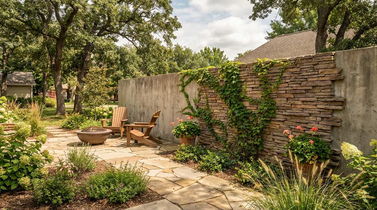 A thin stone veneer applied to a garden wall, showcasing how it replicates natural stone patterns to transform utilitarian structures into attractive garden features with reduced cost and weight.