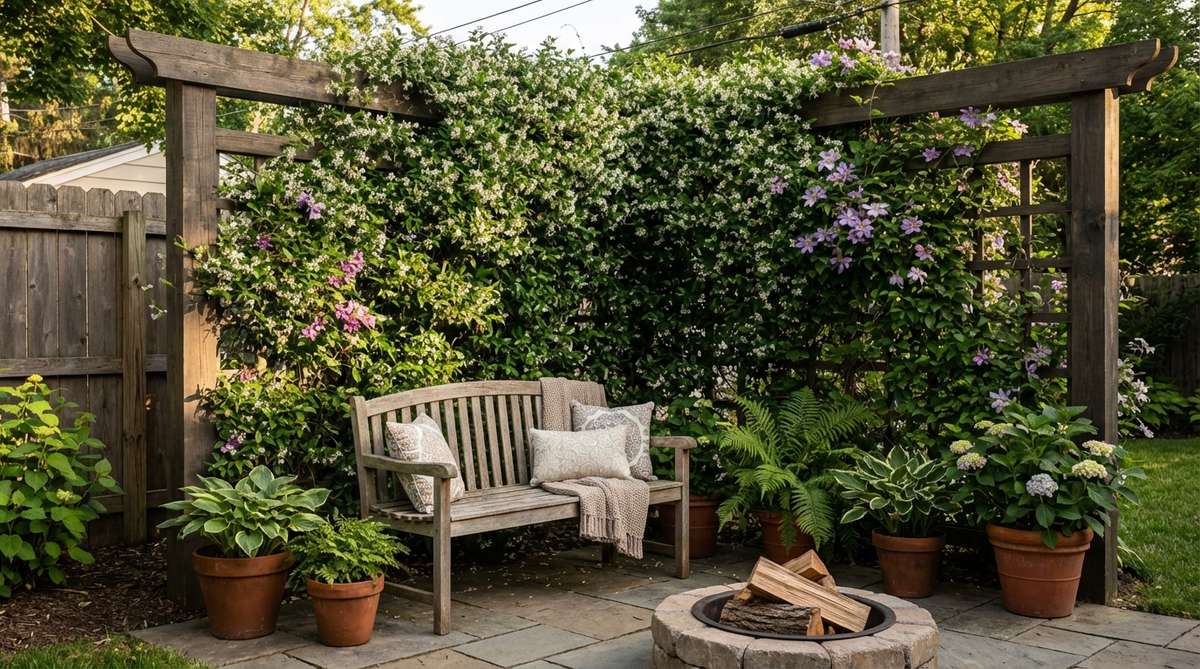 A vertical garden with modular planter panels mounted on corner walls above a compact bench or chairs. The living wall features herbs, succulents, and trailing plants for varied textures, creating ambiance and improving air quality. Seating is positioned 12-18 inches from the wall to prevent plant interference.