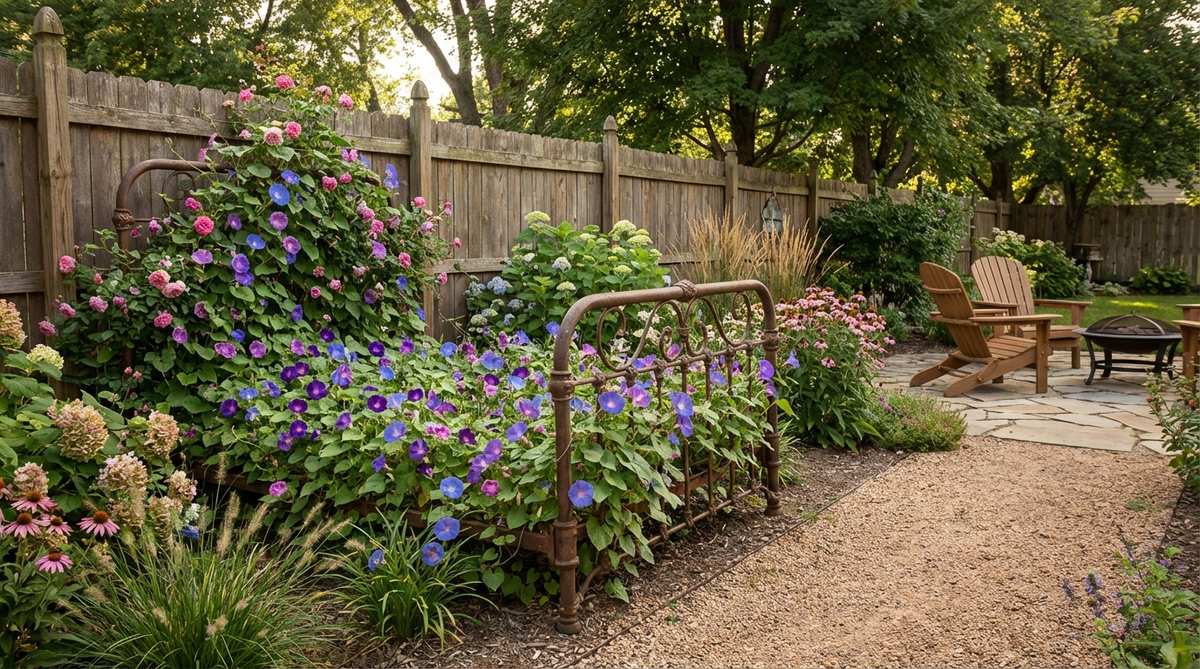A repurposed vintage iron bed frame used as a rustic garden trellis, supporting flowering vines like morning glories and climbing roses in an outdoor decor setting.