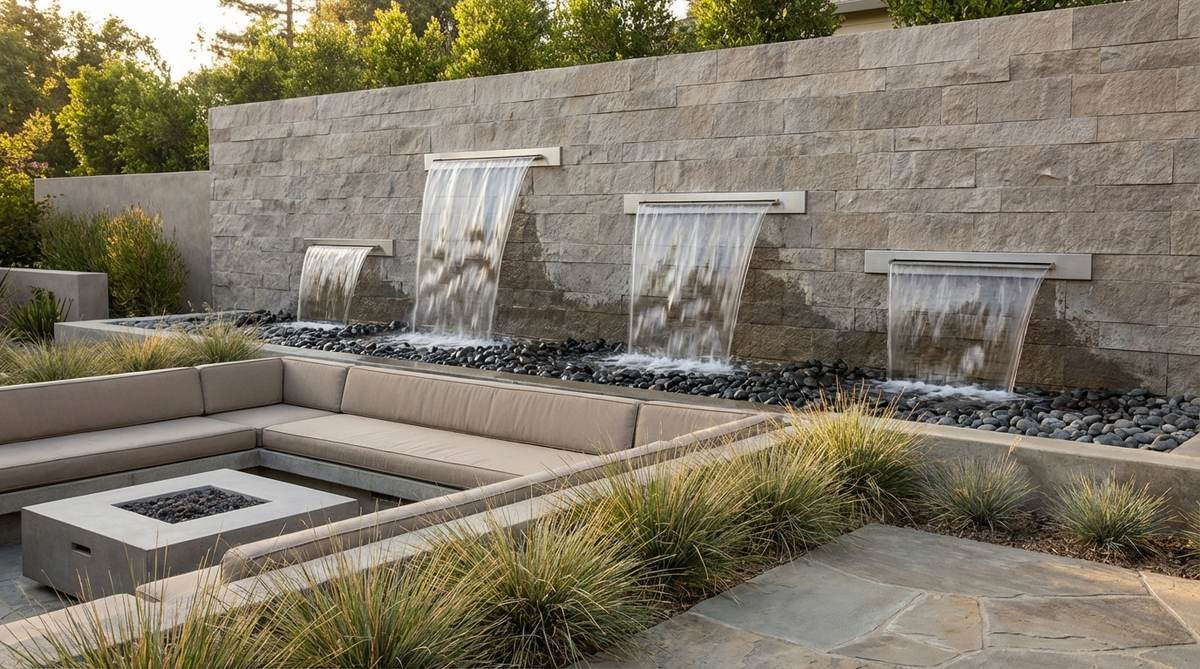 A sleek, modern garden wall feature with water flowing in smooth, linear sheets from horizontal slots, emphasizing clean geometry and controlled movement. Installed with stainless steel or stone weirs on a smooth vertical surface, it serves as a space-saving backdrop for seating areas, providing sound masking and visual interest in contemporary outdoor spaces.