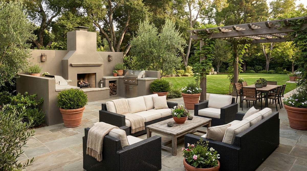 A modern interior showcasing warm greige walls, blending gray and beige for a versatile neutral base. Features darker brown furniture, cream textiles, and accents of terracotta or green, complementing natural wood tones and metal finishes in an earthy decor setting.