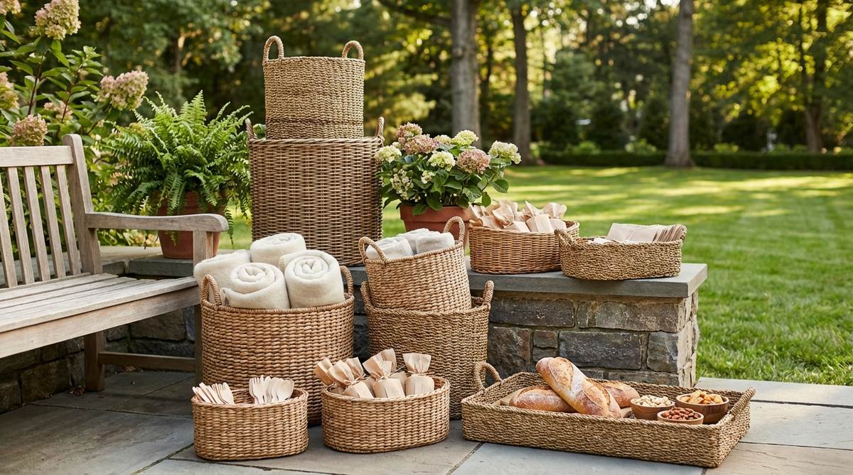 A collection of wicker and seagrass baskets in various shapes and weaving patterns, arranged to hold blankets, party favors, utensils, or display fresh bread and snacks. The natural materials and varied sizes create visual interest for boho decor, with some baskets stacked vertically and others clustered in corners.