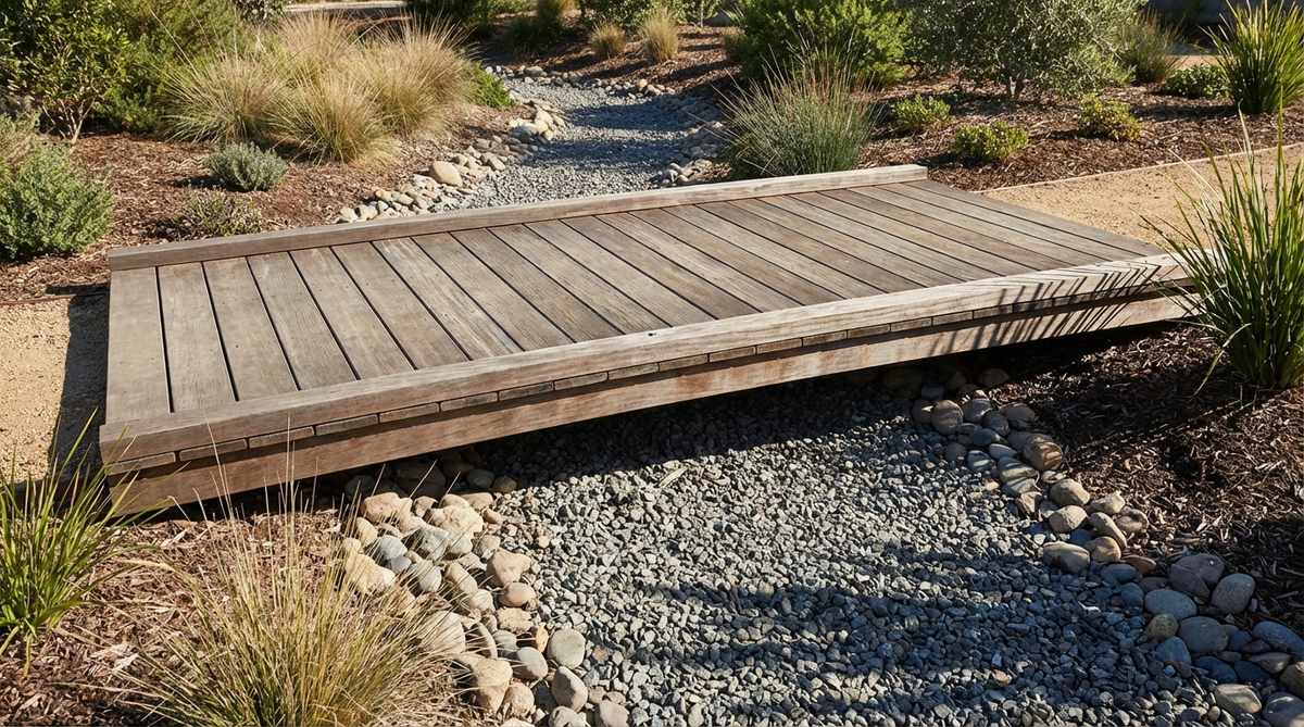 A modern garden bridge featuring wide horizontal planks crossing over a gravel-filled dry bed channel. The flat, stable design accommodates wheelbarrows and garden equipment while providing safe pedestrian access. The deck extends slightly beyond the banks, creating clean shadow lines and a contemporary aesthetic suitable for drainage swales or erosion control features.