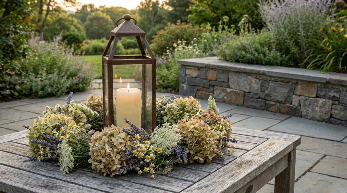 A flat wildflower wreath arranged around a pillar candle or lantern base, showcasing organic boho wedding decor with visible floral wire construction for authentic handcrafted appeal.