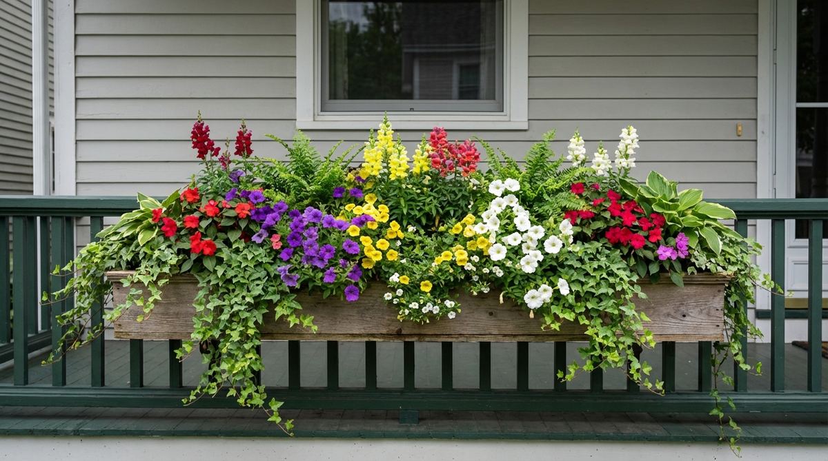 A rectangular window box planter mounted beneath a porch window, filled with a mix of trailing ivy, upright blooming flowers, and filler greenery. The colorful floral display creates horizontal bands of color that visually connect the porch to the upper facade of the home.