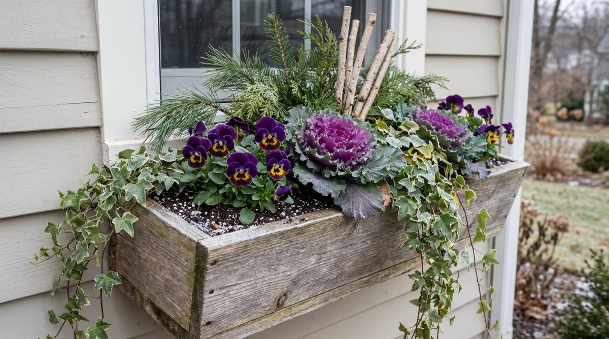 A window box filled with cold-hardy pansies, ornamental kale, and trailing ivy, showcasing winter color in USDA zones 6-9. In colder climates, it features evergreen boughs and decorative twigs, with proper drainage and perlite-amended potting mix for freeze-thaw resilience. Trailing elements are positioned at corners to soften edges and add movement.