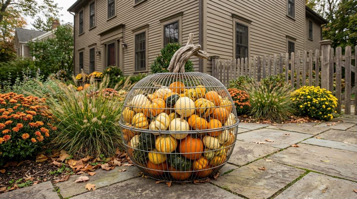 An oversized pumpkin-shaped fall decoration made by filling two large wire baskets with small gourds and stacking them, secured with wire and topped with a driftwood stem. This weather-resistant outdoor decor can be customized with felt faces for Halloween and displayed through Thanksgiving.