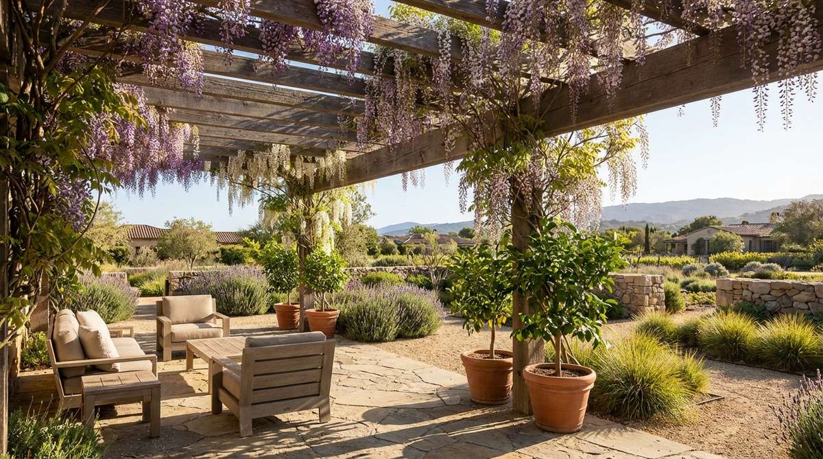 A timber or wrought iron pergola draped with cascading wisteria blooms, creating dappled shade over a seating area in a Mediterranean-style garden. The structure provides essential shade from afternoon sun while showcasing fragrant climbing plants with dramatic spring displays.