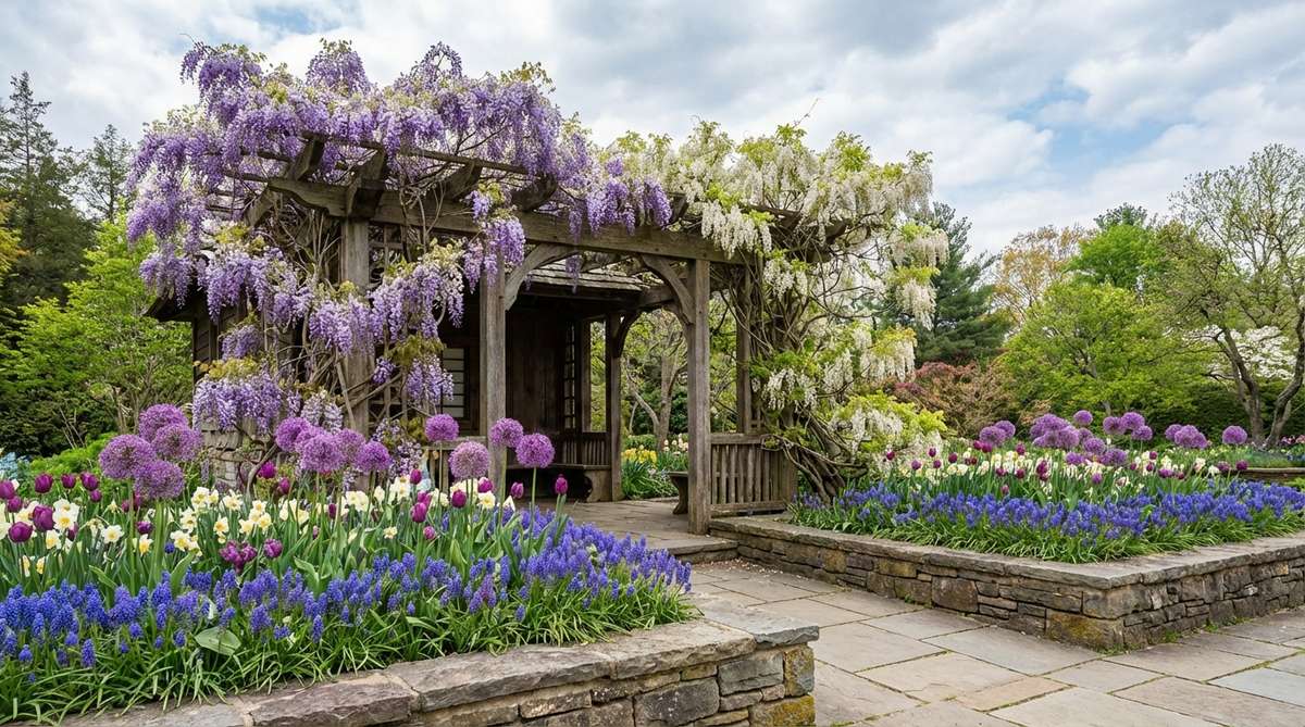A cozy garden tea house draped with blooming wisteria, featuring a pergola-style roof, purple or white floral canopies, and surrounding spring bulbs like grape hyacinths and alliums for layered color.
