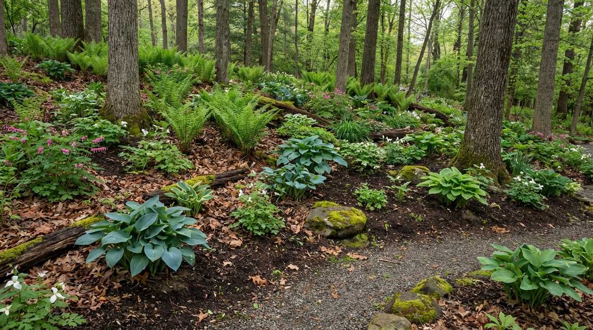 A naturalistic garden design on a north-facing slope featuring shade-tolerant ferns, hostas, and native woodland wildflowers planted in drifts to mimic forest ecology. The image shows layered plantings with leaf mold-amended soil and natural mulch from fallen leaves, illustrating low-maintenance woodland edge transitions suitable for slopes adjacent to tree stands.