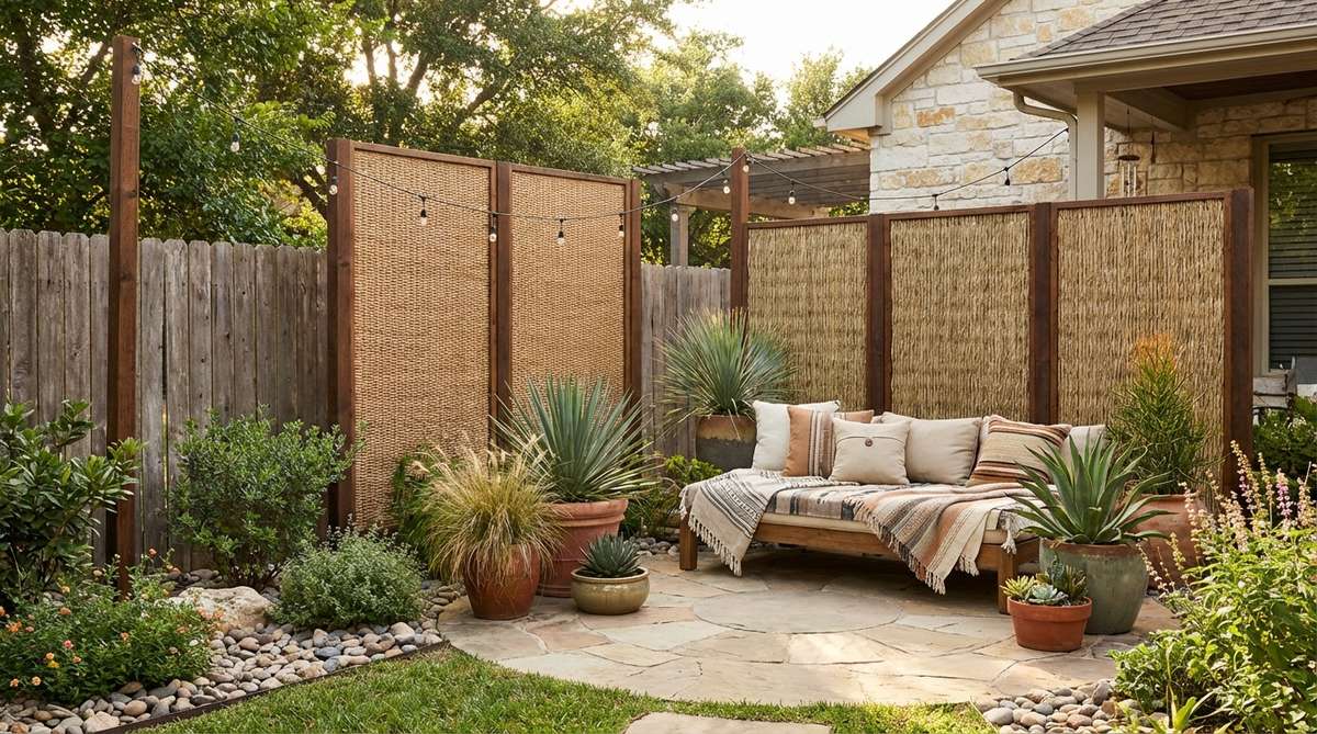 Floor-to-ceiling woven panels in natural seagrass or rattan create a dramatic backdrop for a western boho bedroom. The vertical lines draw eyes upward, making ceilings feel taller. Panels are installed from ceiling down to 6 inches above the mattress, secured firmly to prevent rattling.