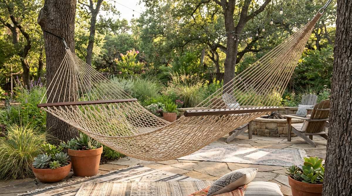 A classic woven rope hammock with wooden spreader bars suspended in a boho garden, showing the open flat sleeping surface and spaced rope construction that provides cooling airflow and conforms to body contours for optimal comfort.