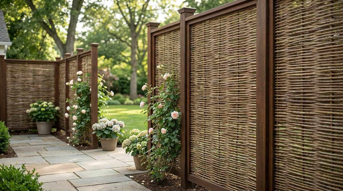 Traditional woven willow or bamboo panels used as outdoor decor walls, providing partial privacy while maintaining airflow. These natural fiber screens feature organic textures that add warmth to contemporary settings, framed within metal or wood borders for defined edges and easy mounting. Ideal for Asian-inspired gardens or cottage-style outdoor designs.