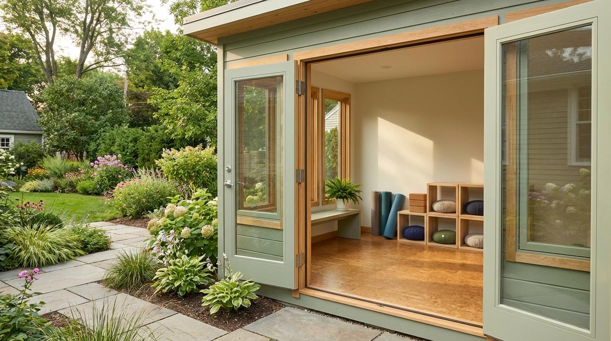 A serene and compact yoga meditation studio set in an 8x8 foot garden shed, featuring minimal furnishings, calming aesthetics, and cork or bamboo flooring for cushioning and natural warmth. Large windows or glass doors offer garden views while providing weather protection, with simple storage cubes for mats, blocks, and meditation cushions.
