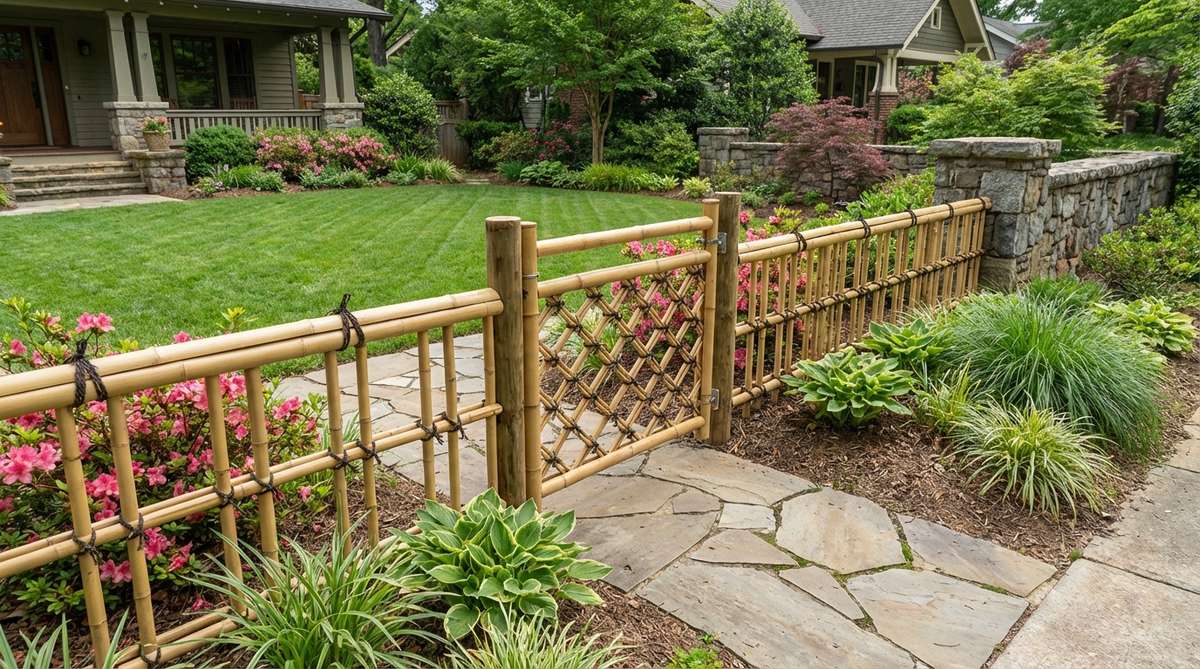 A traditional Japanese Yotsume open lattice gate made of bamboo poles arranged in a distinctive see-through pattern. This low-height gate defines boundaries without blocking views, featuring round bamboo poles spaced at intervals and secured with concealed stainless steel screws. Ideal for property lines where regulations require openness while preserving borrowed scenery.