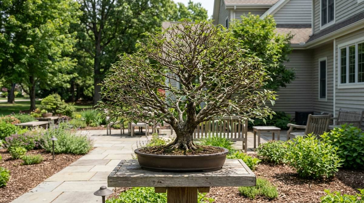 A Japanese Zelkova bonsai (Zelkova serrata) trained in broom style, showcasing its natural branching pattern with tiny serrated leaves that reduce automatically in refined specimens. The image demonstrates clip and grow techniques that build dense twiggy growth at branch terminals, with pruning done multiple times during the growing season to encourage back-budding while maintaining the overall silhouette.