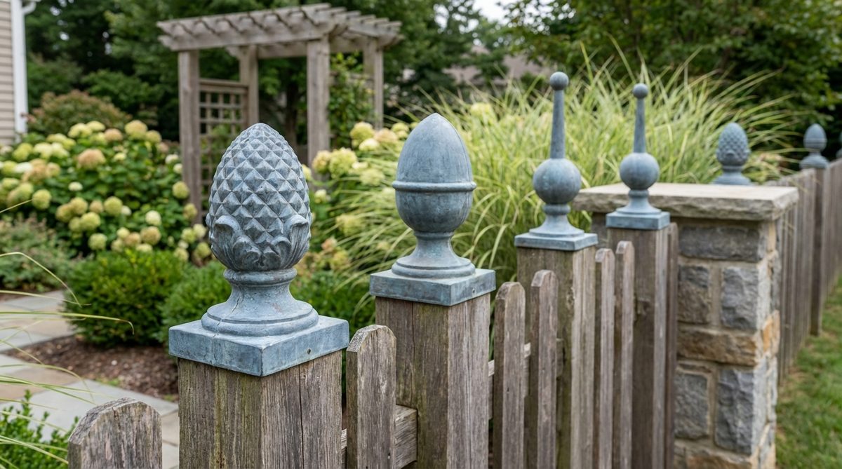 A close-up image of zinc finials, featuring traditional designs like pineapple, acorn, and ball-and-spike, used as architectural ornaments to cap fence posts, gate pillars, or arbor peaks in garden decor. The blue-gray zinc material develops a protective carbonate coating for corrosion resistance.