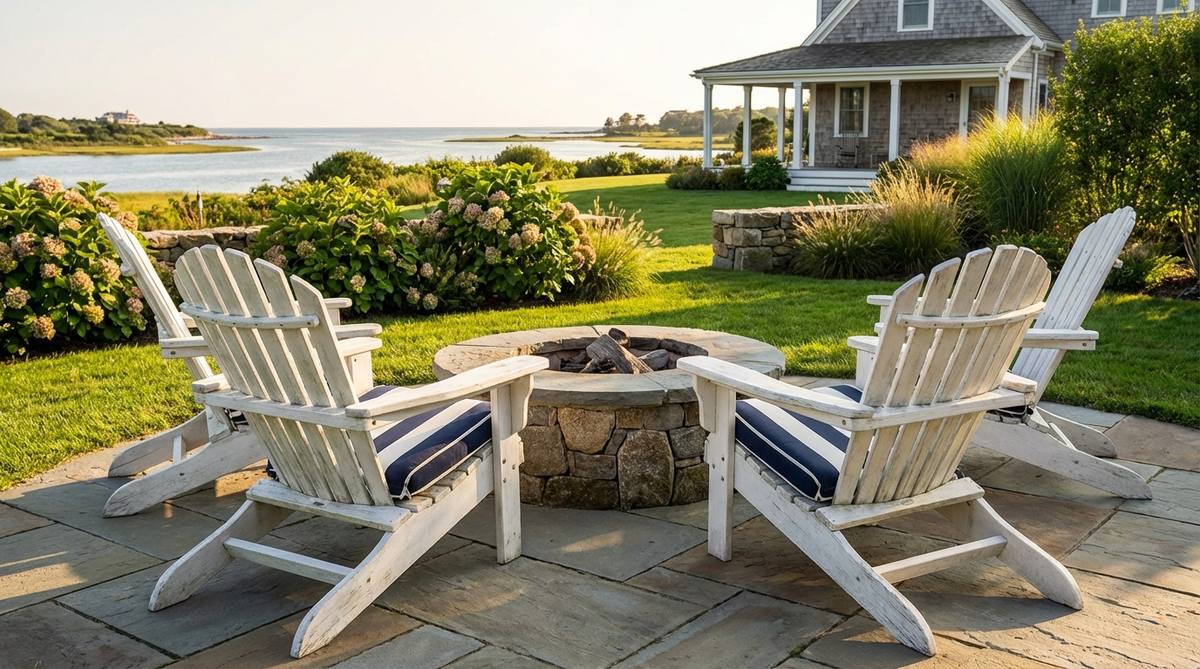 Classic weathered white Adirondack chairs with wide armrests and reclined backs, positioned as comfortable outdoor seating with striped navy and white cushions, ideal for summer evenings and coastal decor.