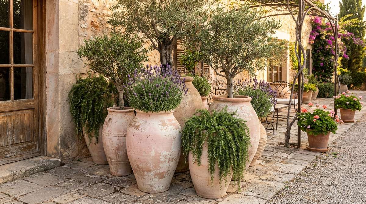 A grouping of large weathered terracotta urns in varying heights, creating a relaxed courtyard atmosphere characteristic of Tuscan villas. The urns display a pale pinkish hue with natural lime-bloomed patina, planted with olive trees, lavender, and trailing rosemary. Positioned near entryways or seating areas, this arrangement establishes visual hierarchy and suggests timeless Mediterranean heritage with minimal watering requirements.