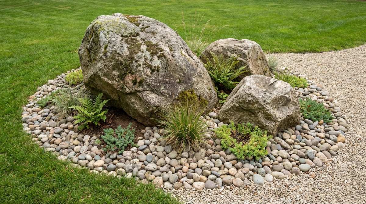 An image showing three boulders of graduated sizes arranged in a triangular formation, with the largest stone positioned off-center to create organic asymmetry. The boulders are embedded at varying depths to suggest natural geological emergence, surrounded by 2-4 inch river rock at the base to transition into adjacent gravel beds or lawn areas, highlighting the sculptural profile and preventing soil erosion.