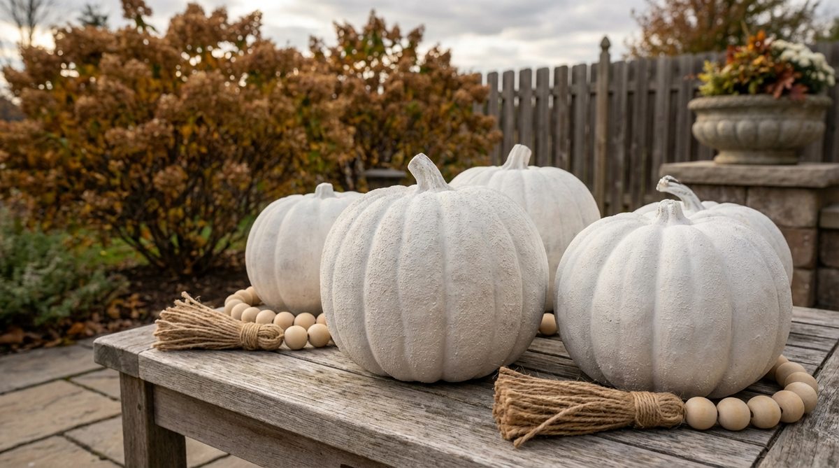A close-up photo of white pumpkins with a chalky, dimensional texture created by mixing white paint with baking soda. The granular finish mimics aged plaster or pottery, catching light naturally with subtle ridges. Perfect for bohemian Halloween decor, these pumpkins pair well with wooden beads or jute accents.